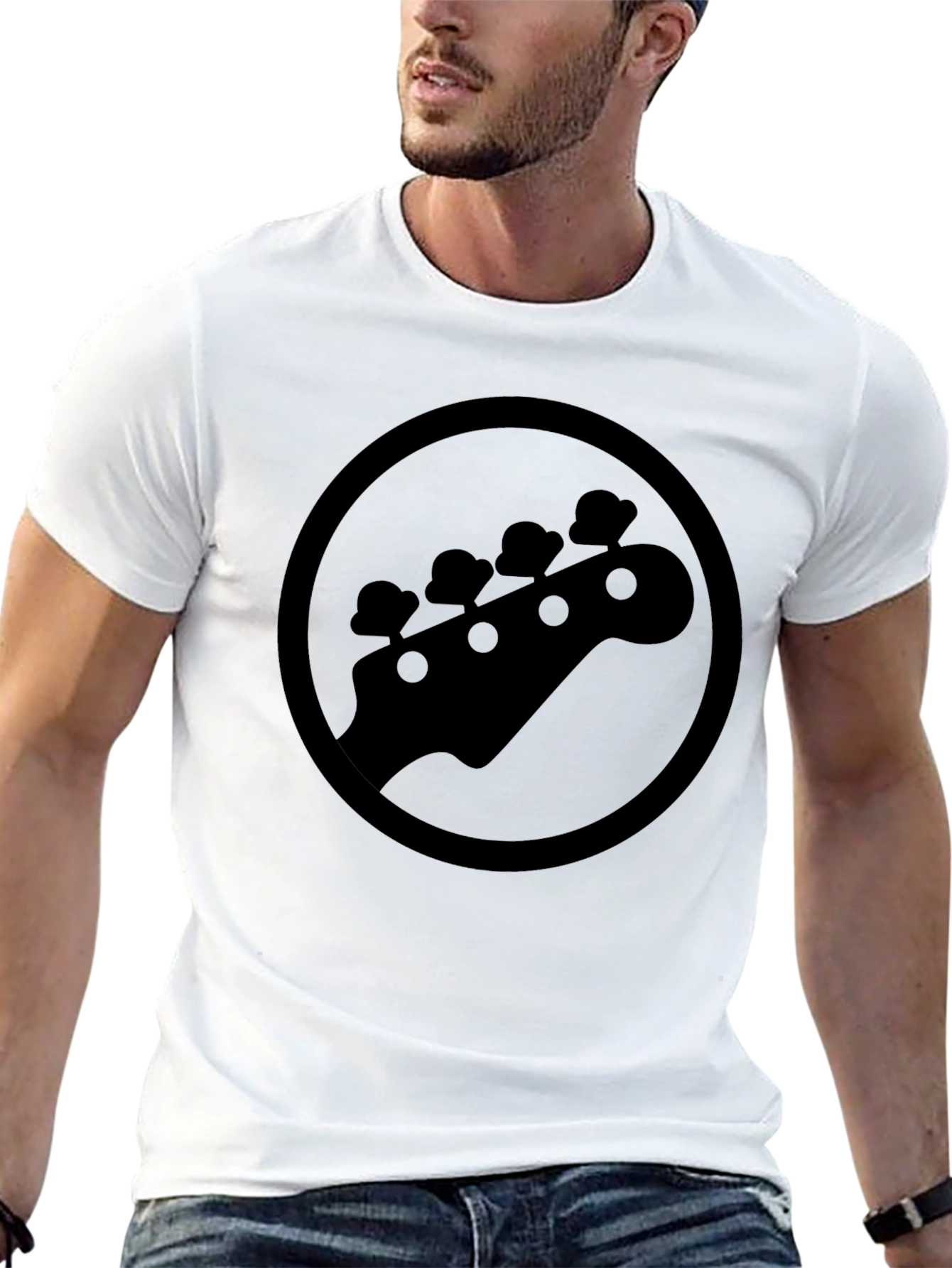 Camiseta Negra con Diseño de Cabeza de Guitarra Baja