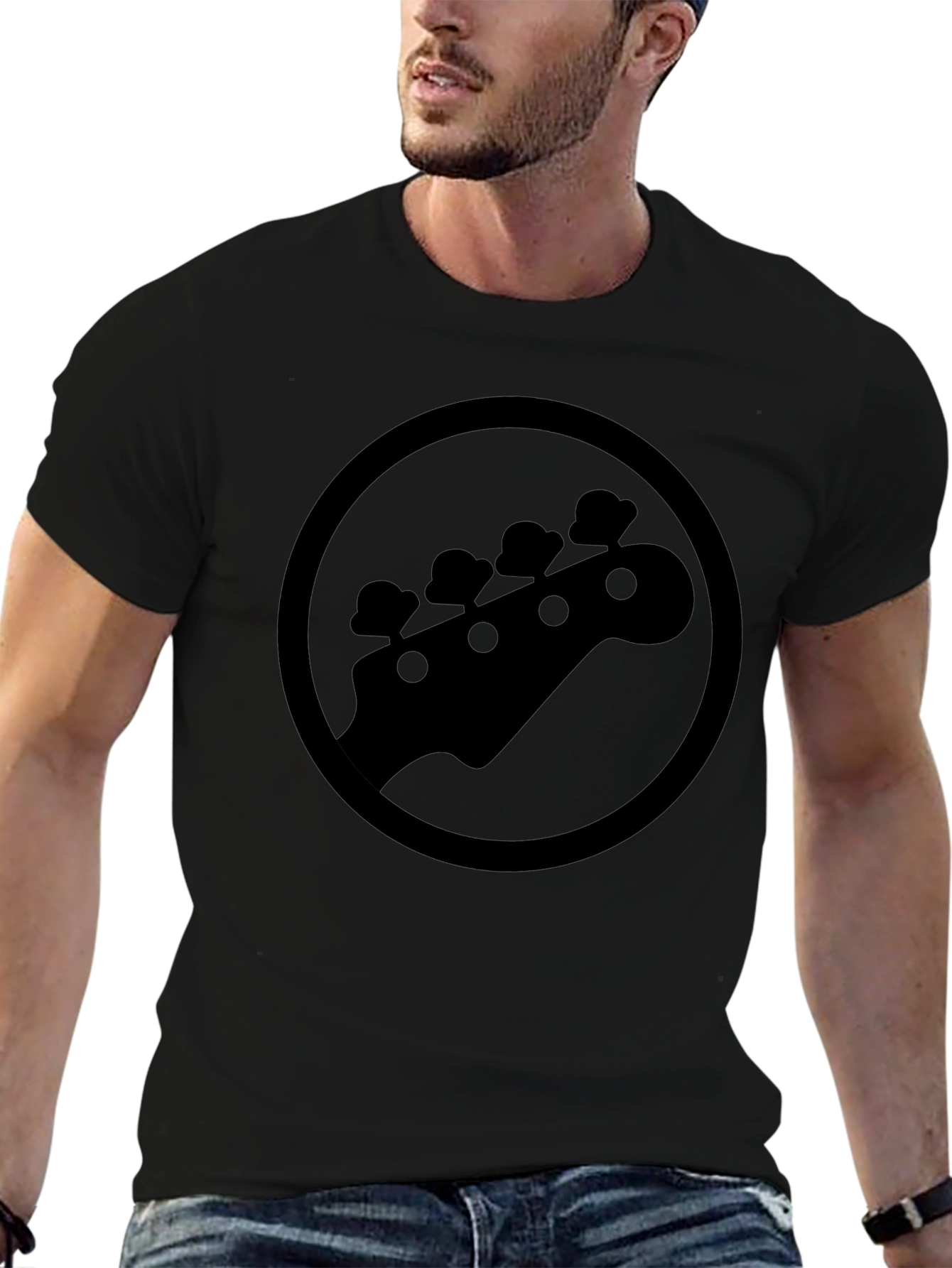 Camiseta Negra con Diseño de Cabeza de Guitarra Baja