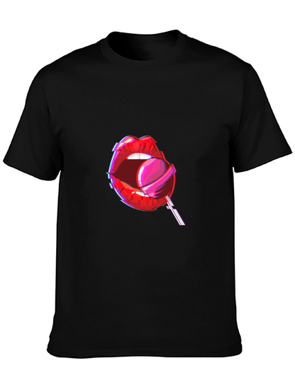 Camiseta Negra con Diseño de Labios y Piruleta
