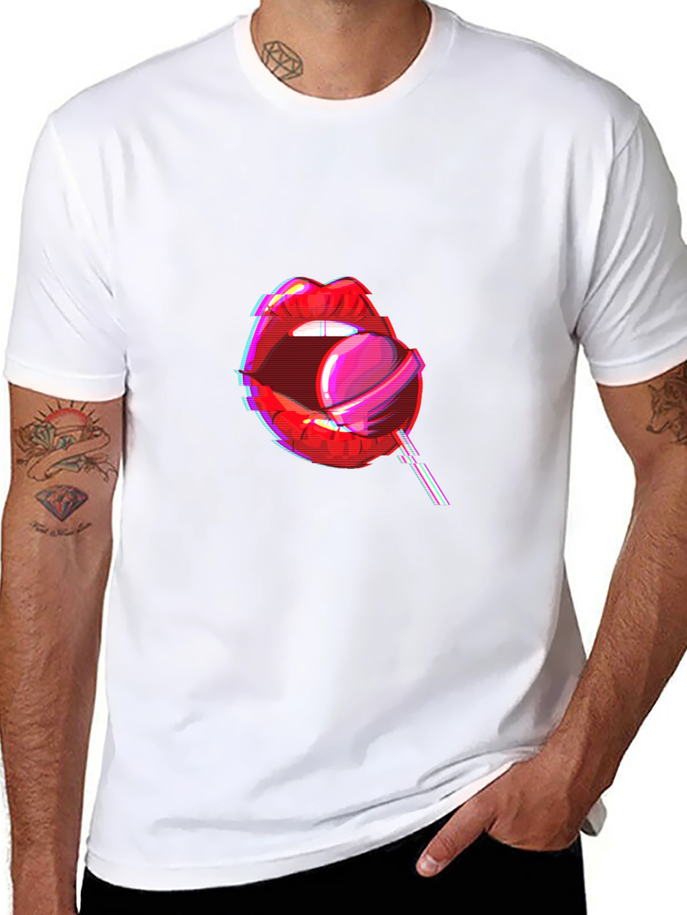 Camiseta Negra con Diseño de Labios y Piruleta