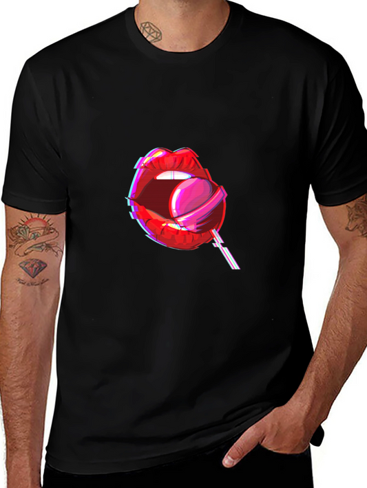 Camiseta Negra con Diseño de Labios y Piruleta