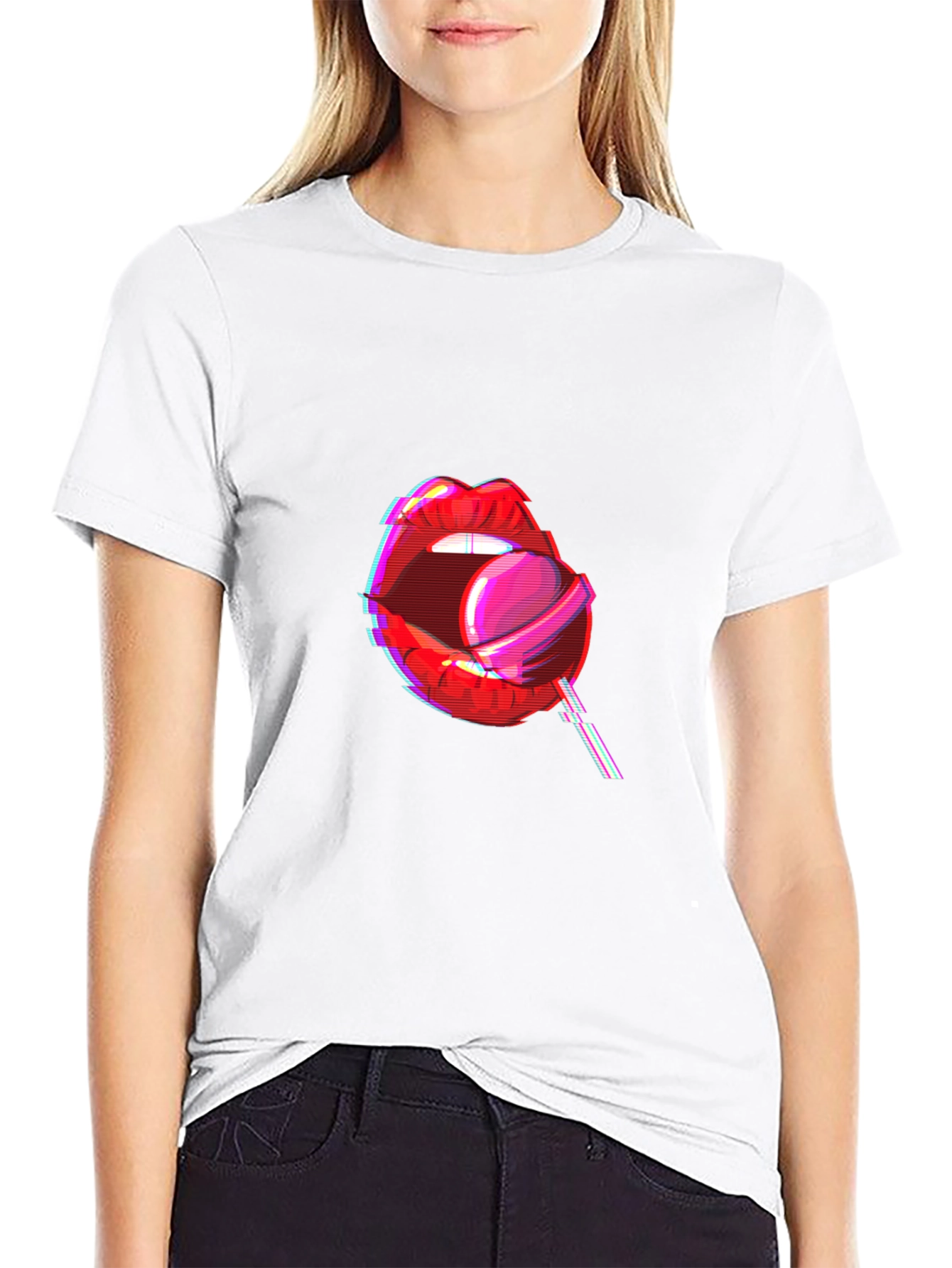Camiseta Negra con Diseño de Labios y Piruleta