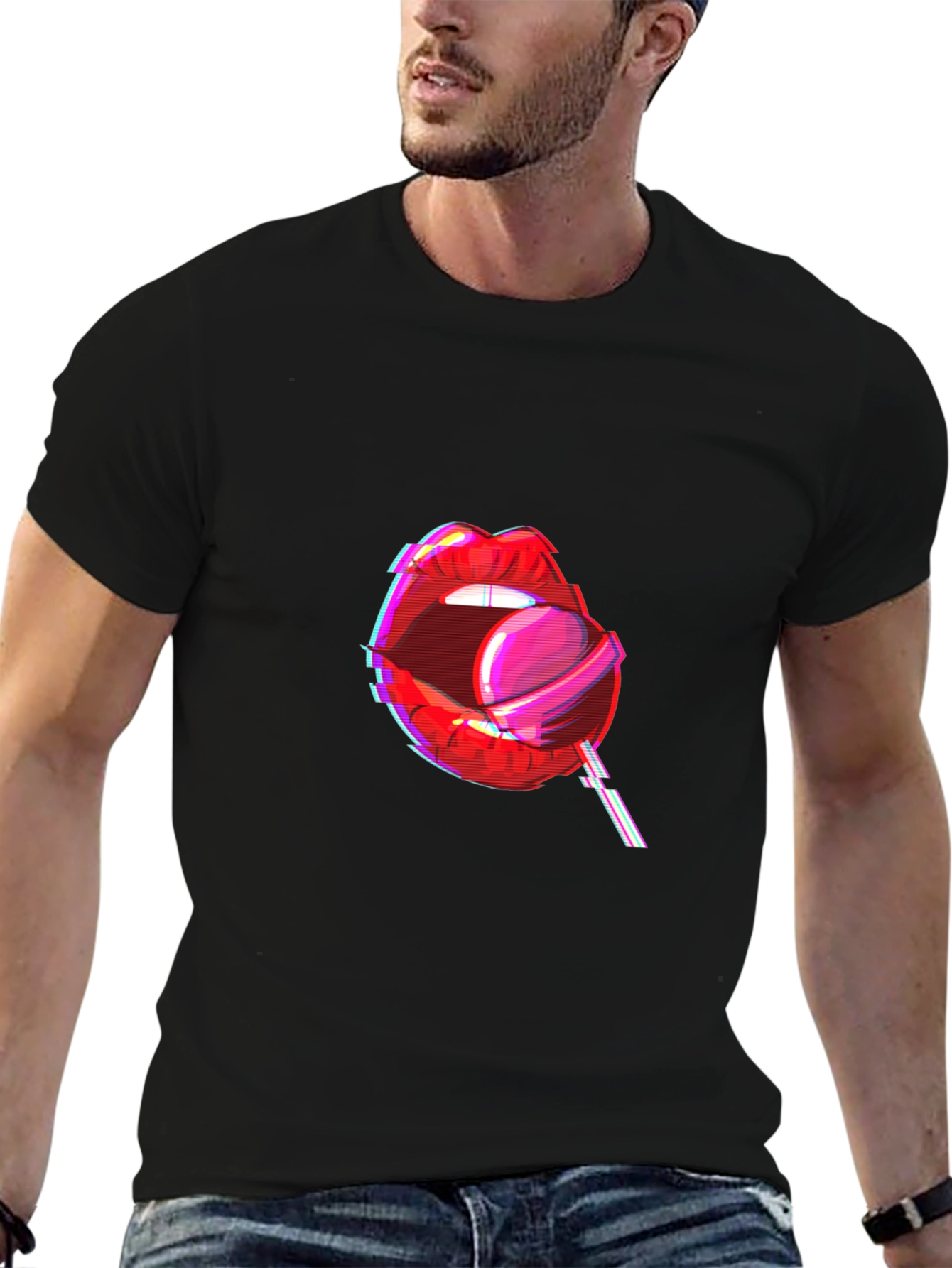 Camiseta Negra con Diseño de Labios y Piruleta