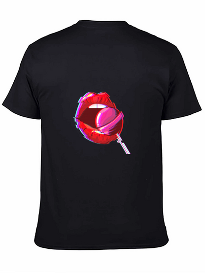 Camiseta Negra con Diseño de Labios y Piruleta