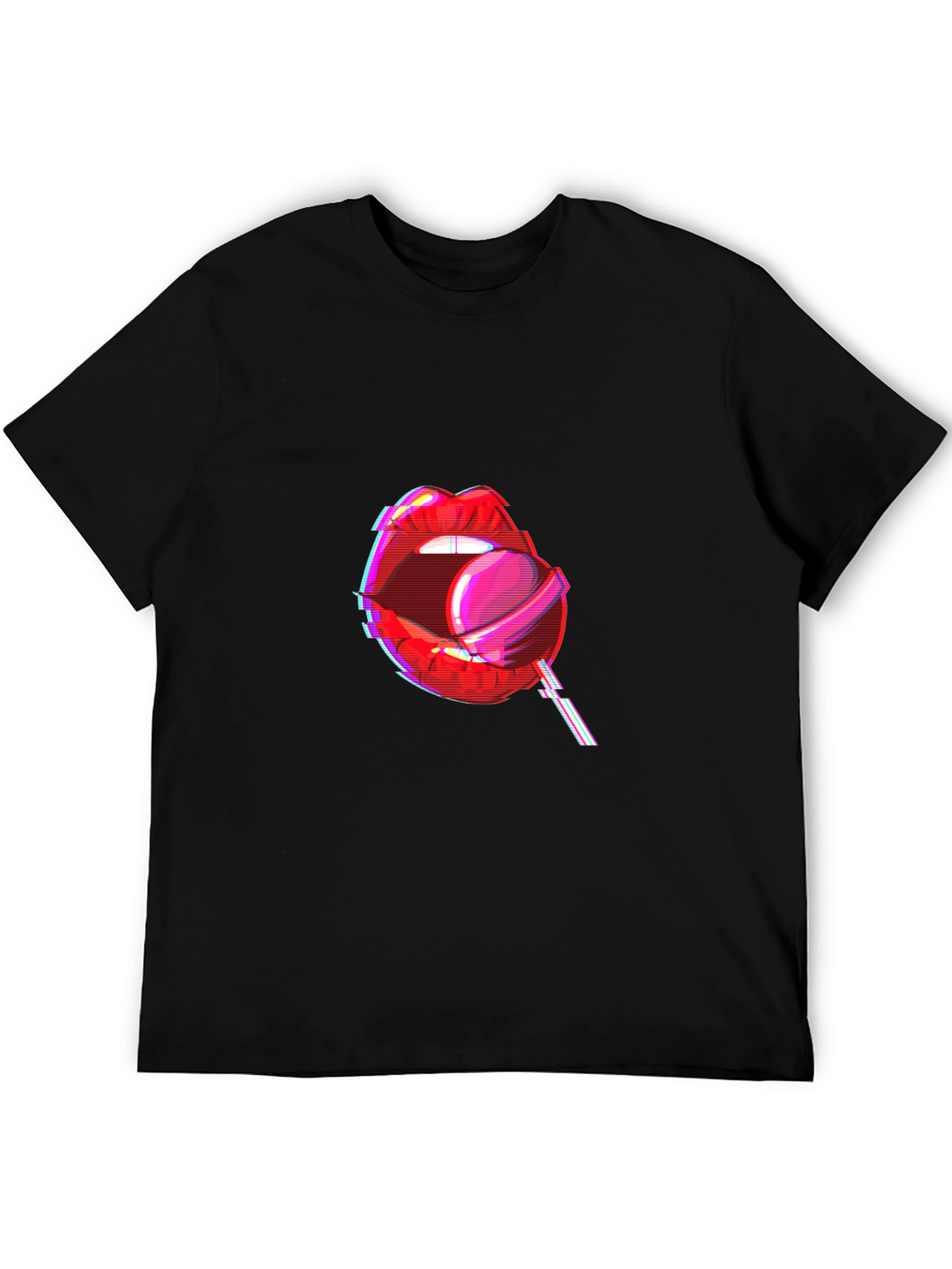 Camiseta Negra con Diseño de Labios y Piruleta
