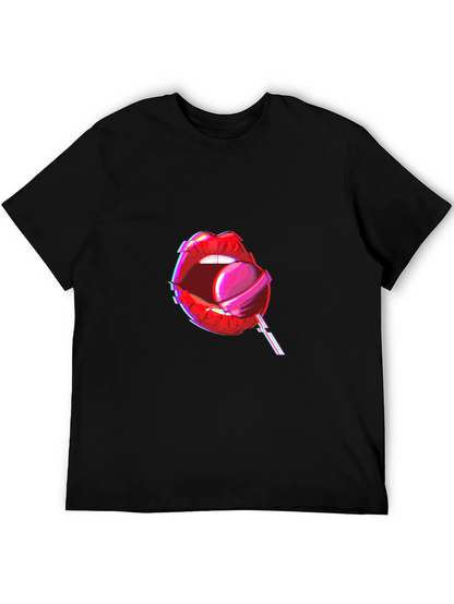 Camiseta Negra con Diseño de Labios y Piruleta