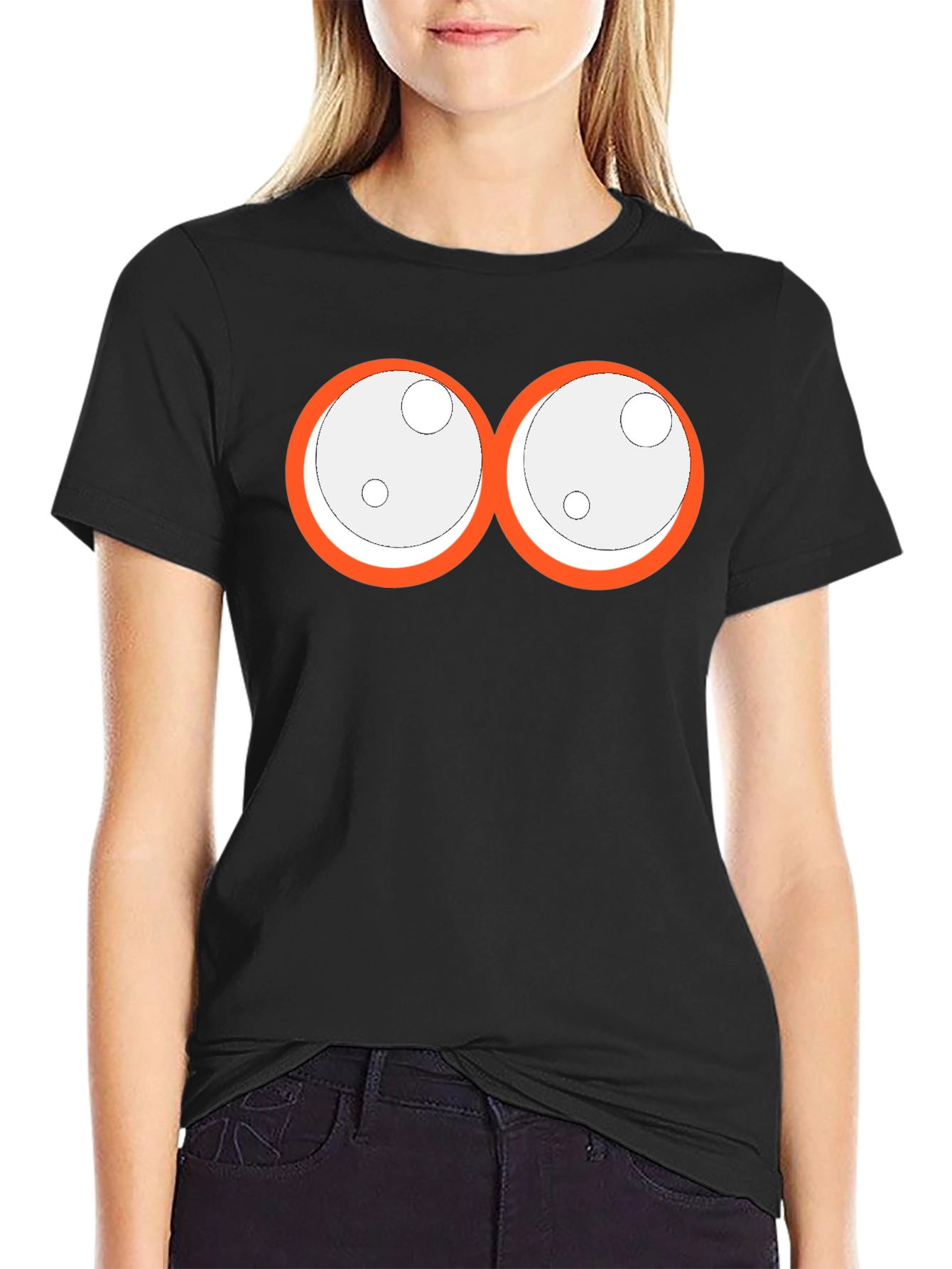 Camiseta Negra con Ojos de Dibujos Animados Naranja
