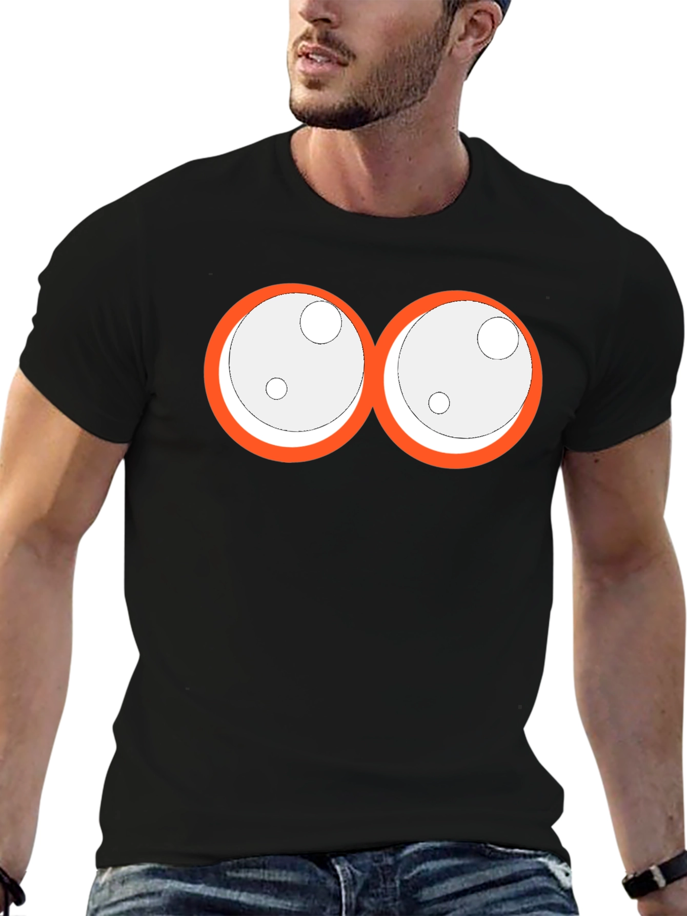 Camiseta Negra con Ojos de Dibujos Animados Naranja