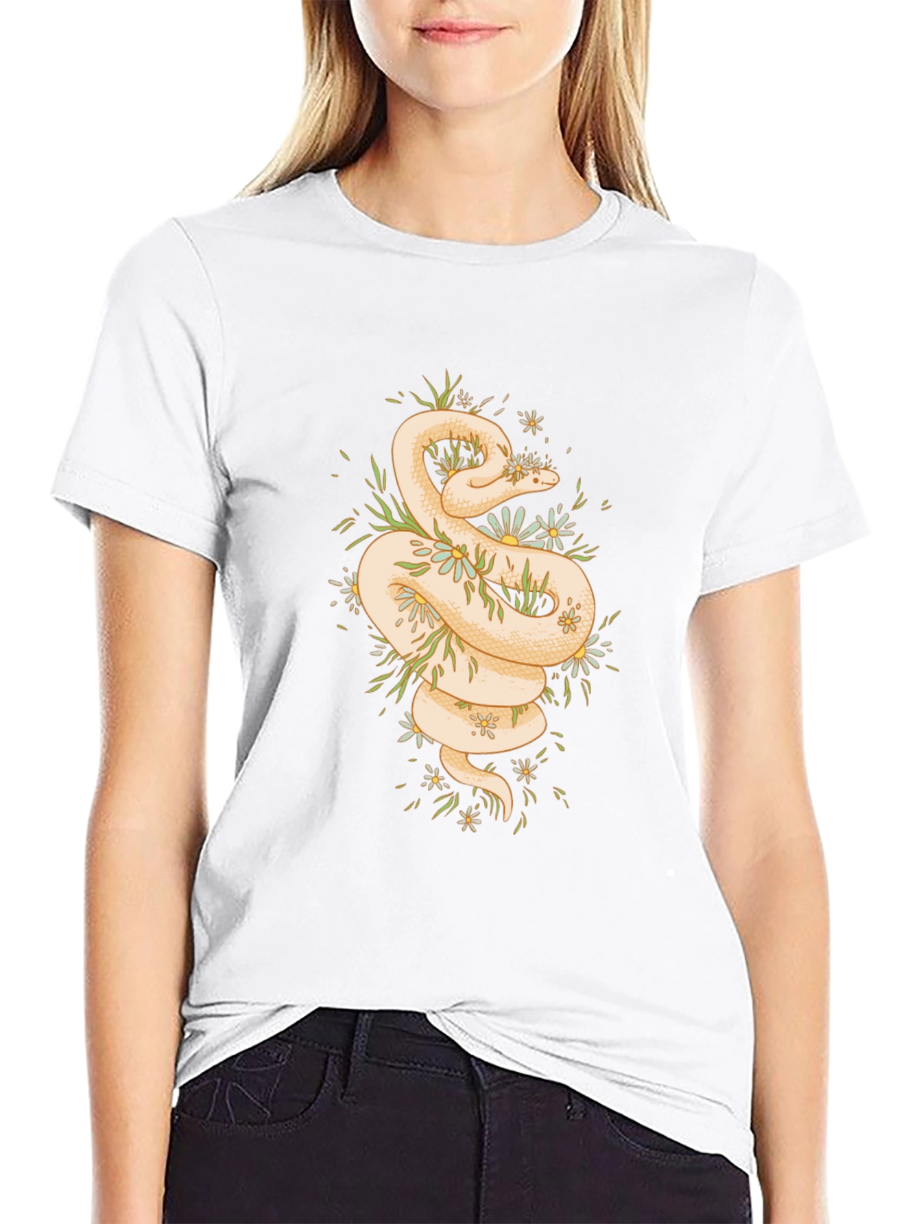 Camiseta Negra con Diseño de Serpiente Floral