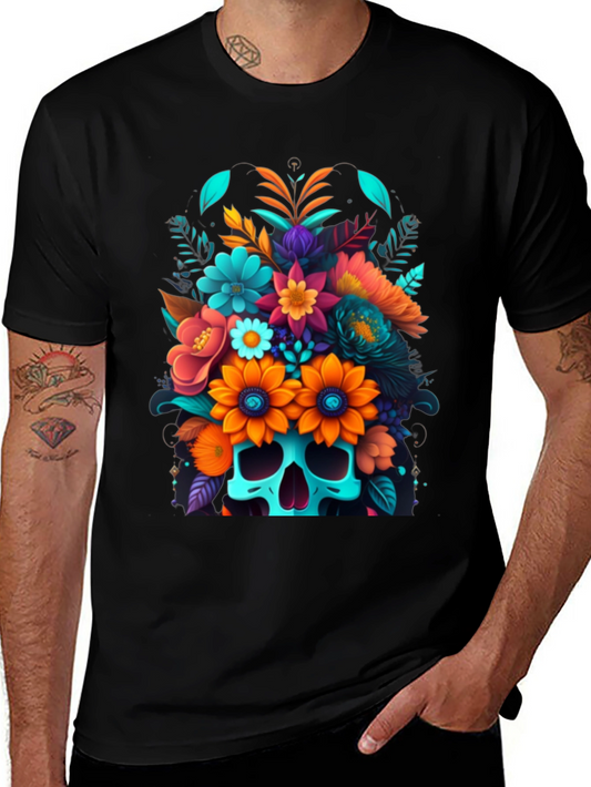 Camiseta Negra con Calavera Floral Colorida