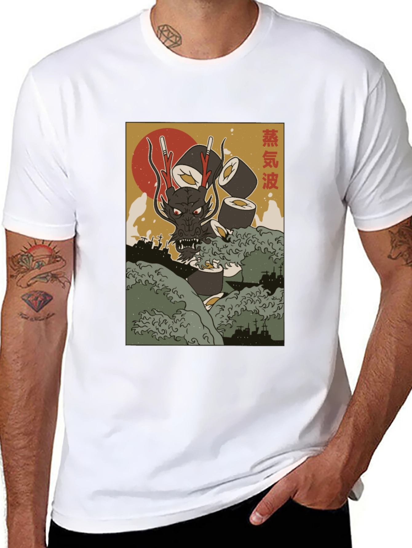 Camiseta Negra con Diseño Japonés de Dragón Sushi