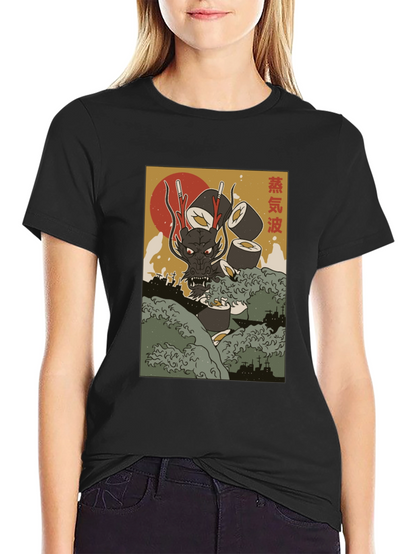 Camiseta Negra con Diseño Japonés de Dragón Sushi