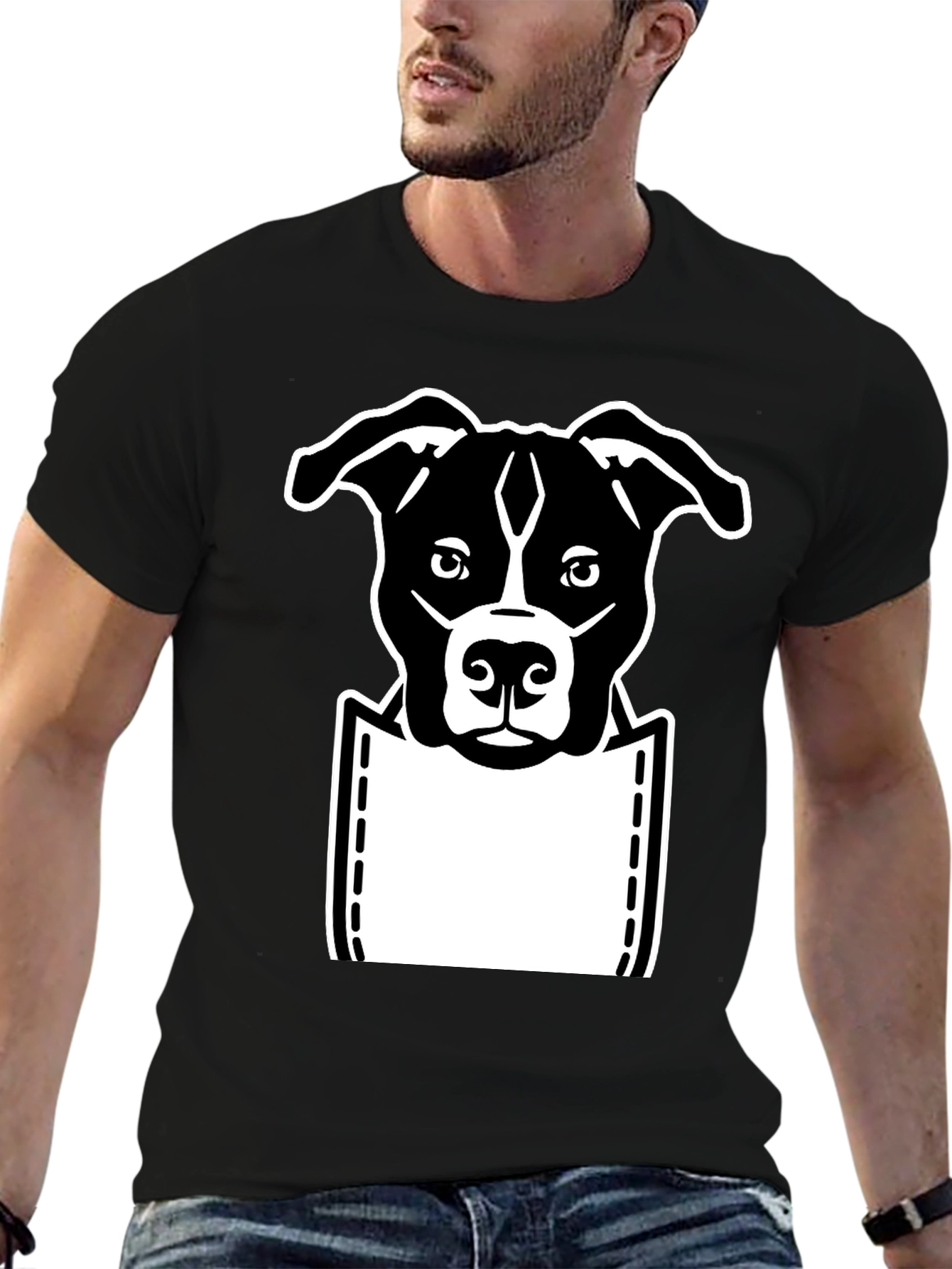 Camiseta Negra con Diseño de Perro en Bolsillo