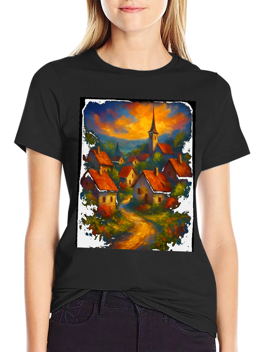 Camiseta Negra con Diseño de Pueblo al Atardecer