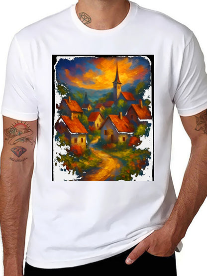 Camiseta Negra con Diseño de Pueblo al Atardecer