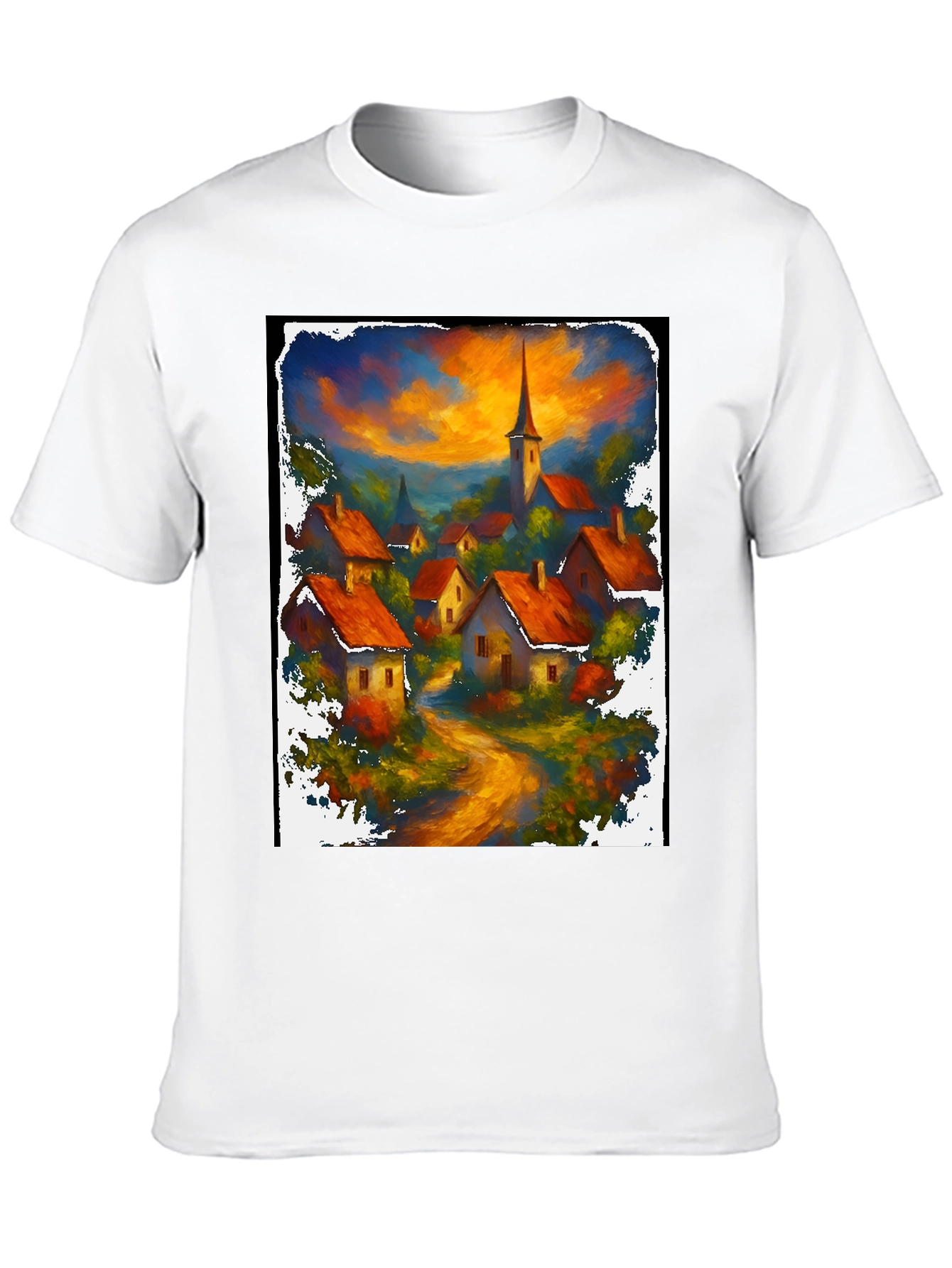 Camiseta Negra con Diseño de Pueblo al Atardecer