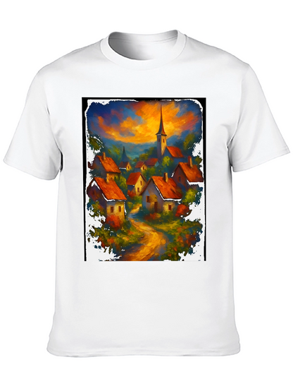 Camiseta Negra con Diseño de Pueblo al Atardecer