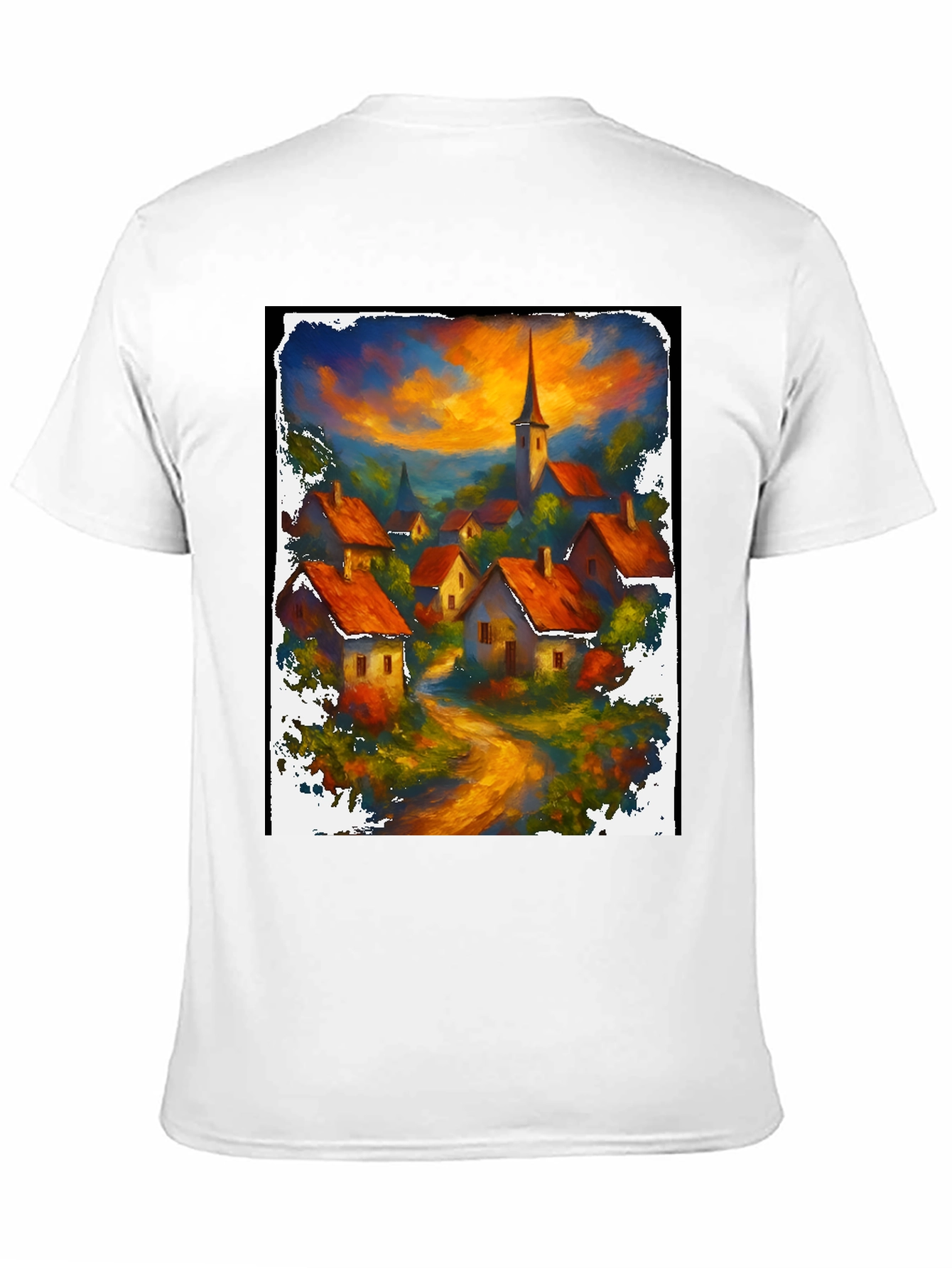 Camiseta Negra con Diseño de Pueblo al Atardecer