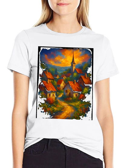 Camiseta Negra con Diseño de Pueblo al Atardecer
