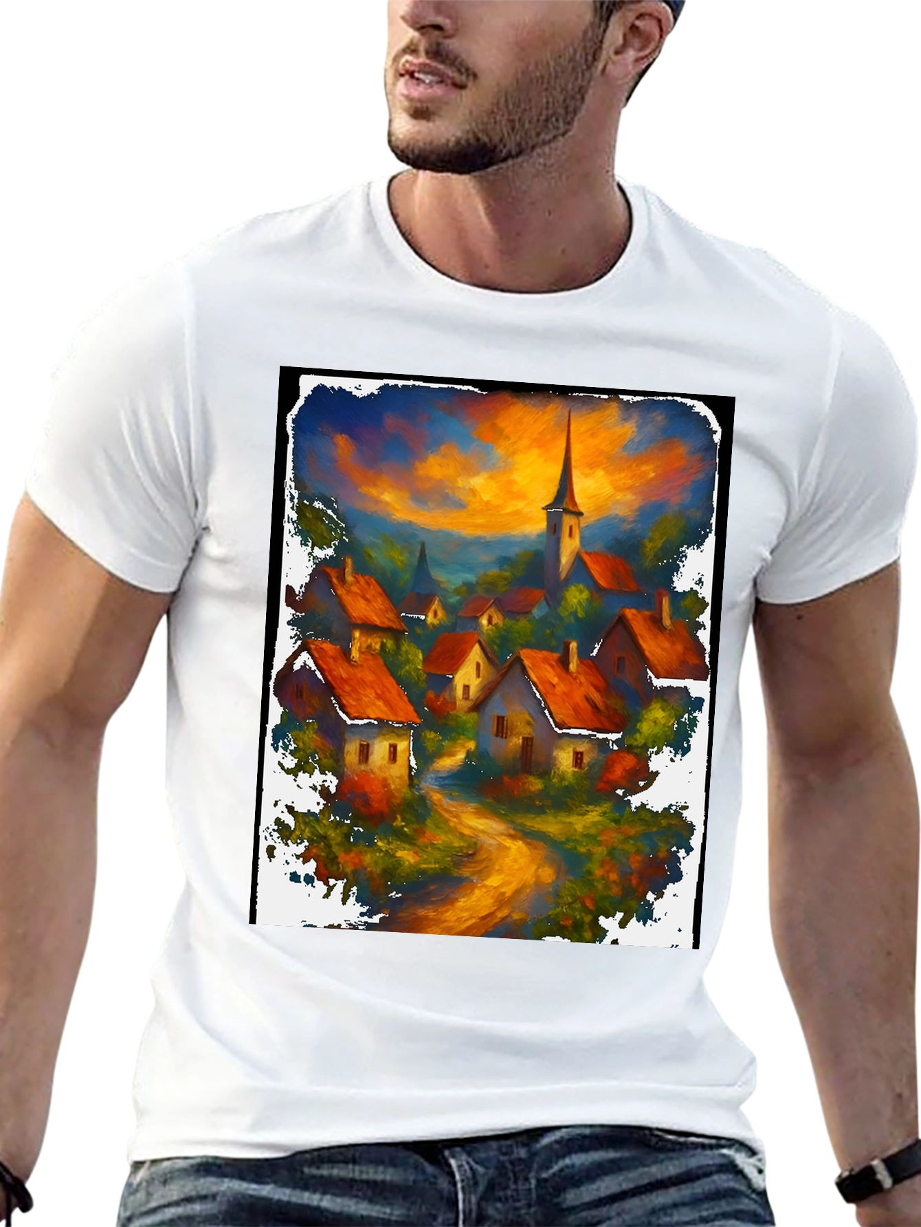 Camiseta Negra con Diseño de Pueblo al Atardecer