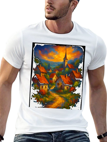 Camiseta Negra con Diseño de Pueblo al Atardecer