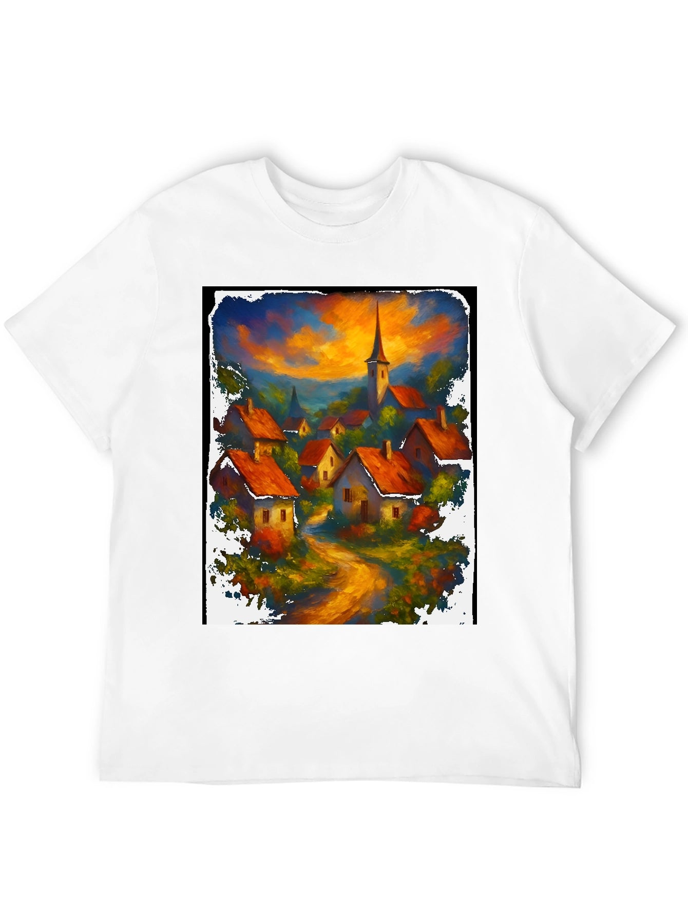 Camiseta Negra con Diseño de Pueblo al Atardecer