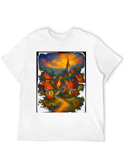 Camiseta Negra con Diseño de Pueblo al Atardecer