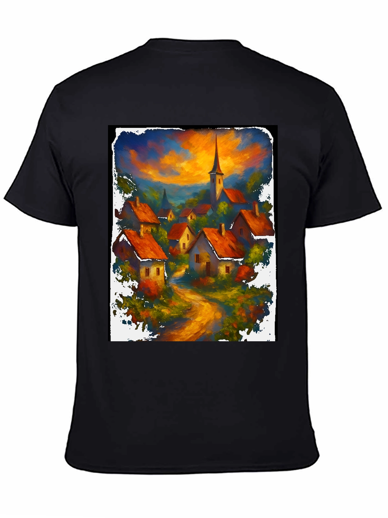 Camiseta Negra con Diseño de Pueblo al Atardecer