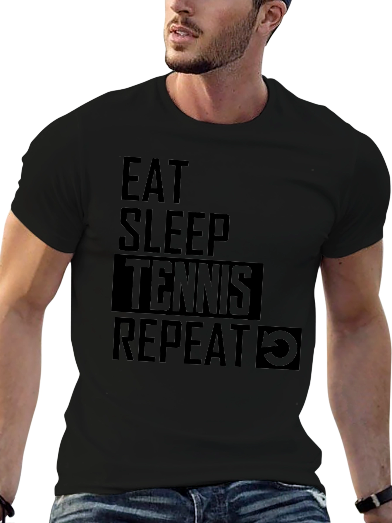 Camiseta Negra: Come Duerme Tenis Repite