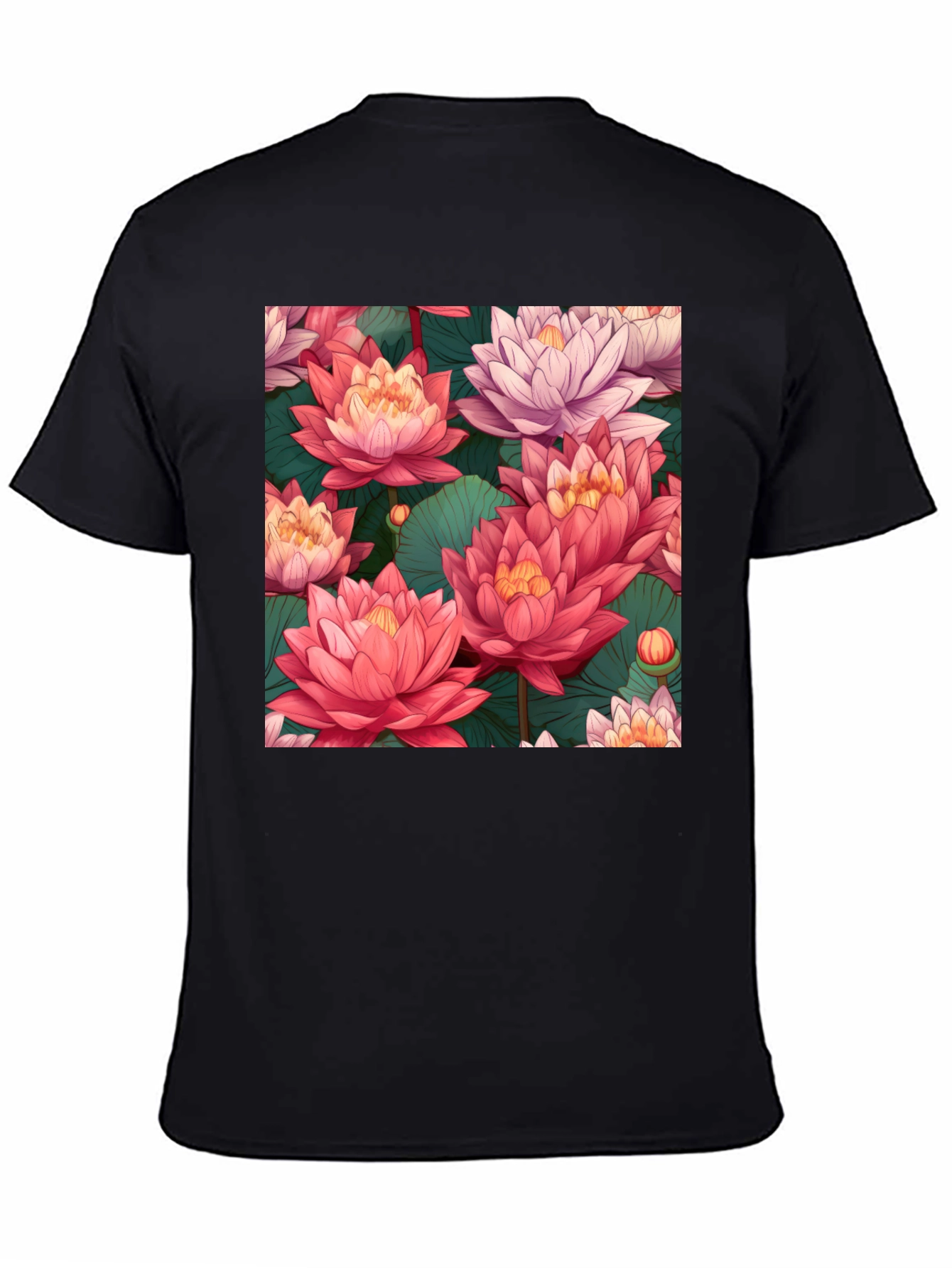 Camiseta Negra con Estampado Floral de Loto