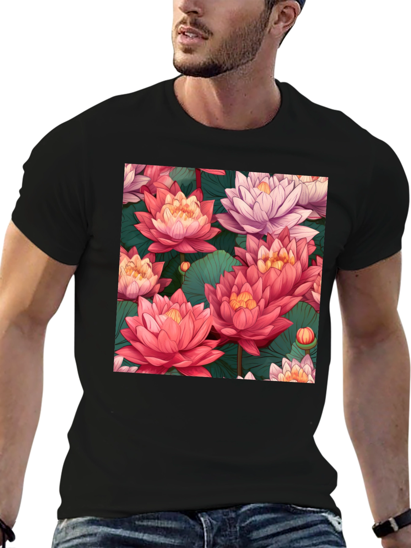 Camiseta Negra con Estampado Floral de Loto
