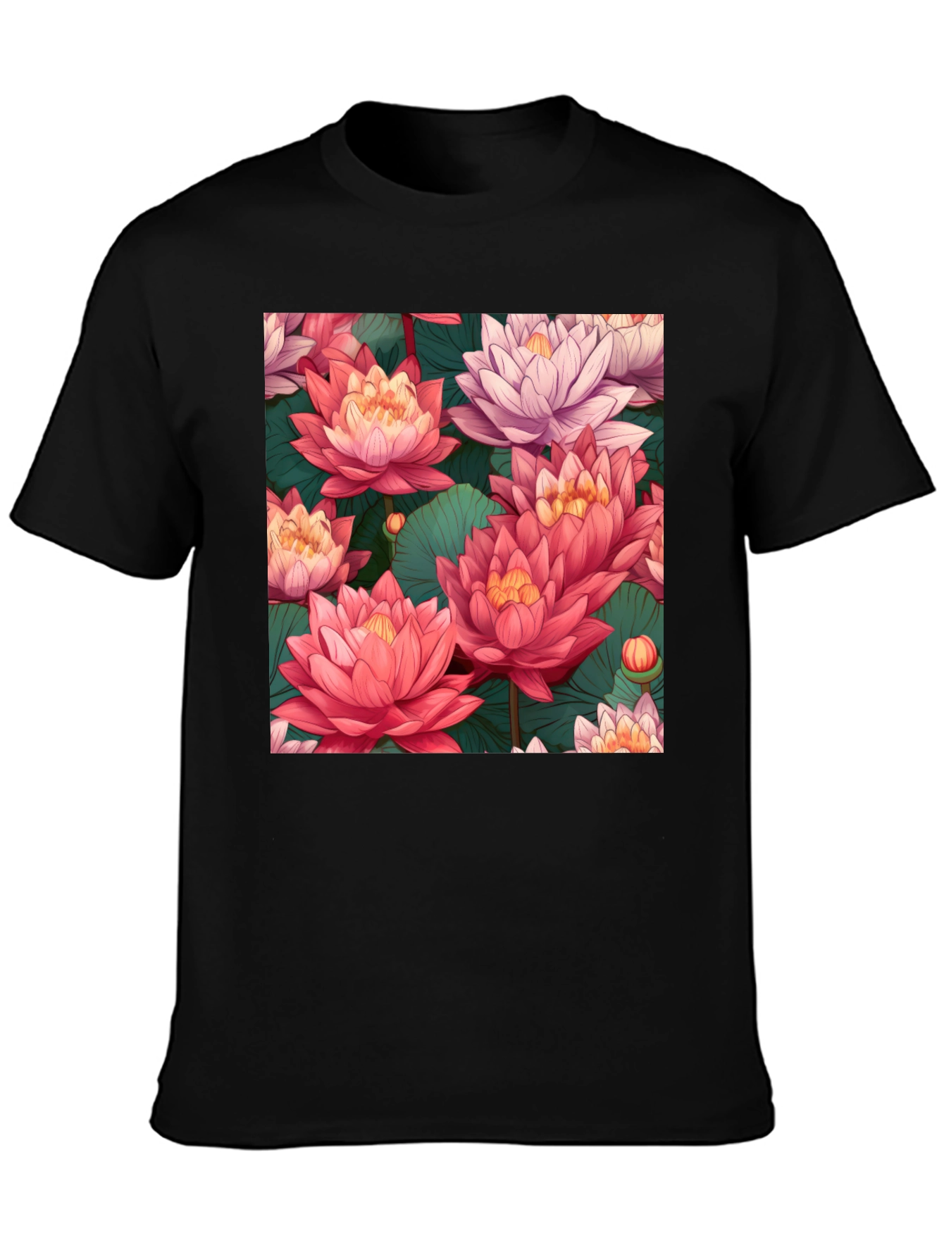 Camiseta Negra con Estampado Floral de Loto