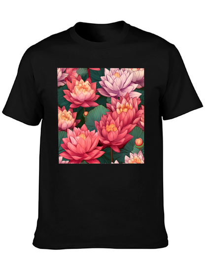 Camiseta Negra con Estampado Floral de Loto