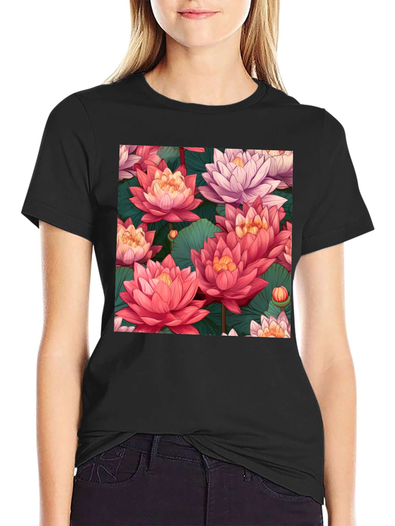 Camiseta Negra con Estampado Floral de Loto
