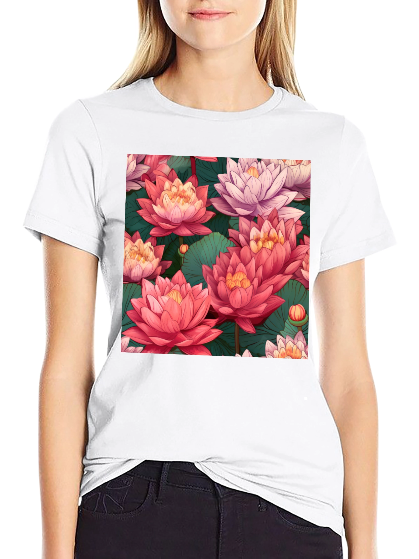 Camiseta Negra con Estampado Floral de Loto