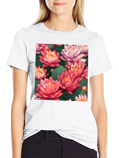 Camiseta Negra con Estampado Floral de Loto