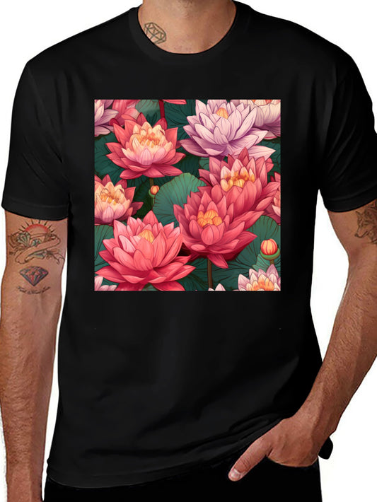 Camiseta Negra con Estampado Floral de Loto