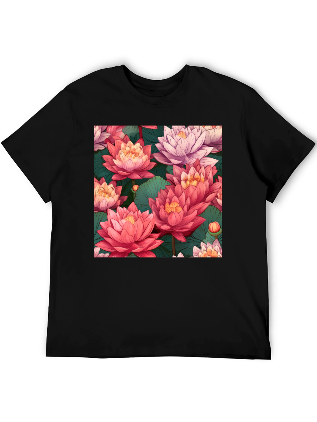 Camiseta Negra con Estampado Floral de Loto