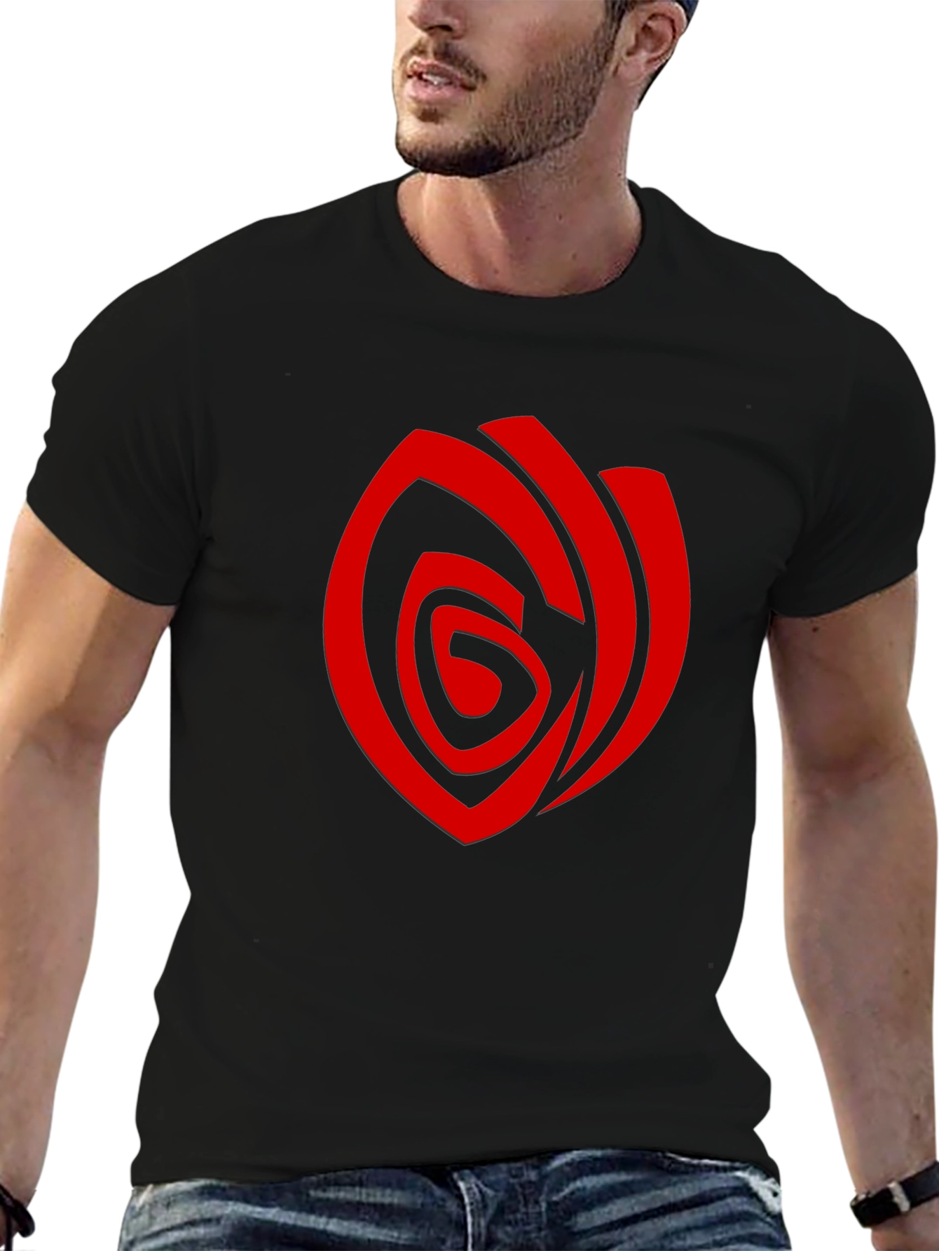 Camiseta Negra con Diseño Abstracto Rojo