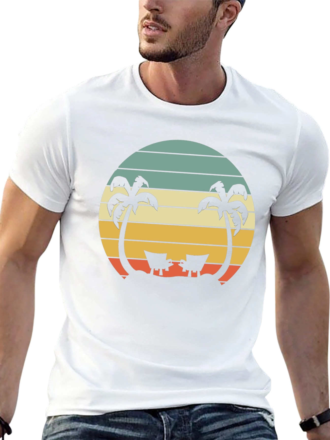 Camiseta Negra con Diseño Retro de Playa y Palmeras