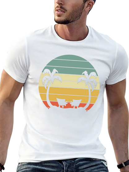 Camiseta Negra con Diseño Retro de Playa y Palmeras