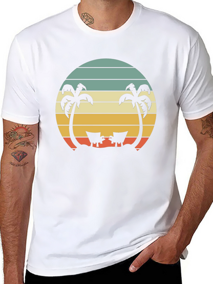 Camiseta Negra con Diseño Retro de Playa y Palmeras