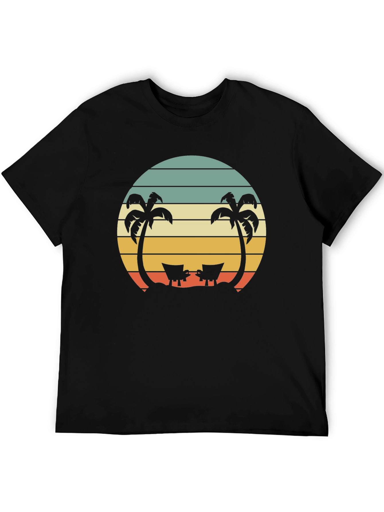 Camiseta Negra con Diseño Retro de Playa y Palmeras