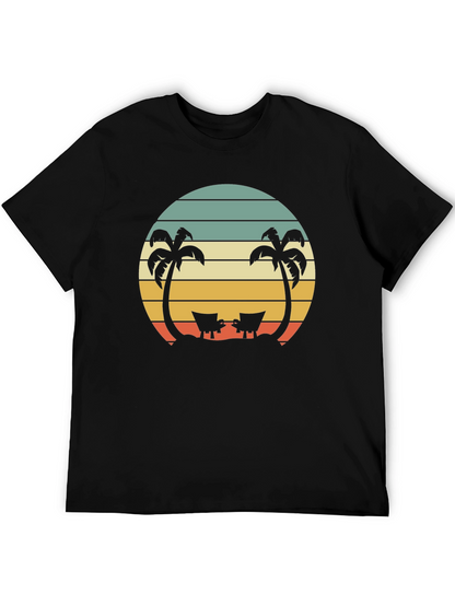 Camiseta Negra con Diseño Retro de Playa y Palmeras