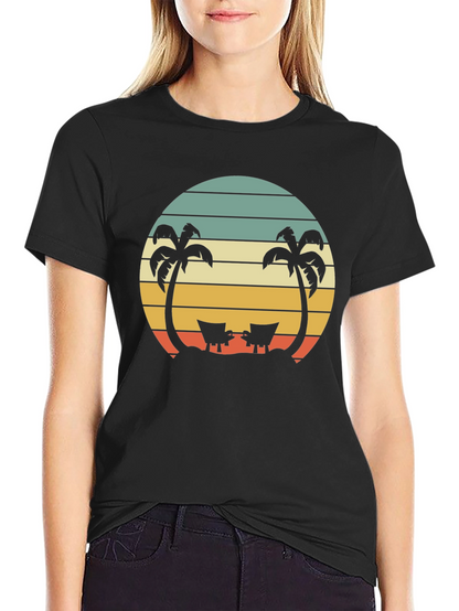 Camiseta Negra con Diseño Retro de Playa y Palmeras