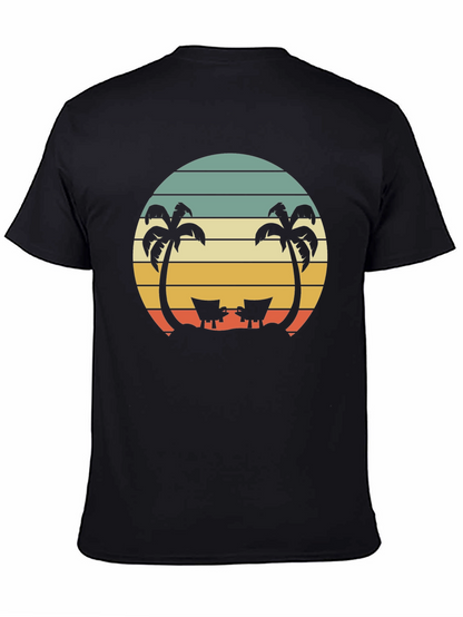 Camiseta Negra con Diseño Retro de Playa y Palmeras