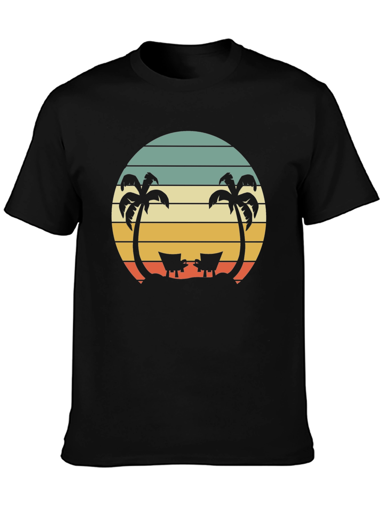 Camiseta Negra con Diseño Retro de Playa y Palmeras