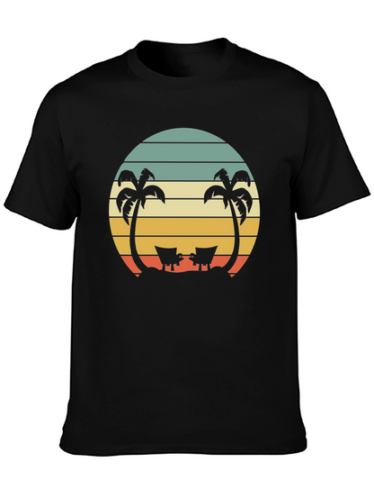 Camiseta Negra con Diseño Retro de Playa y Palmeras