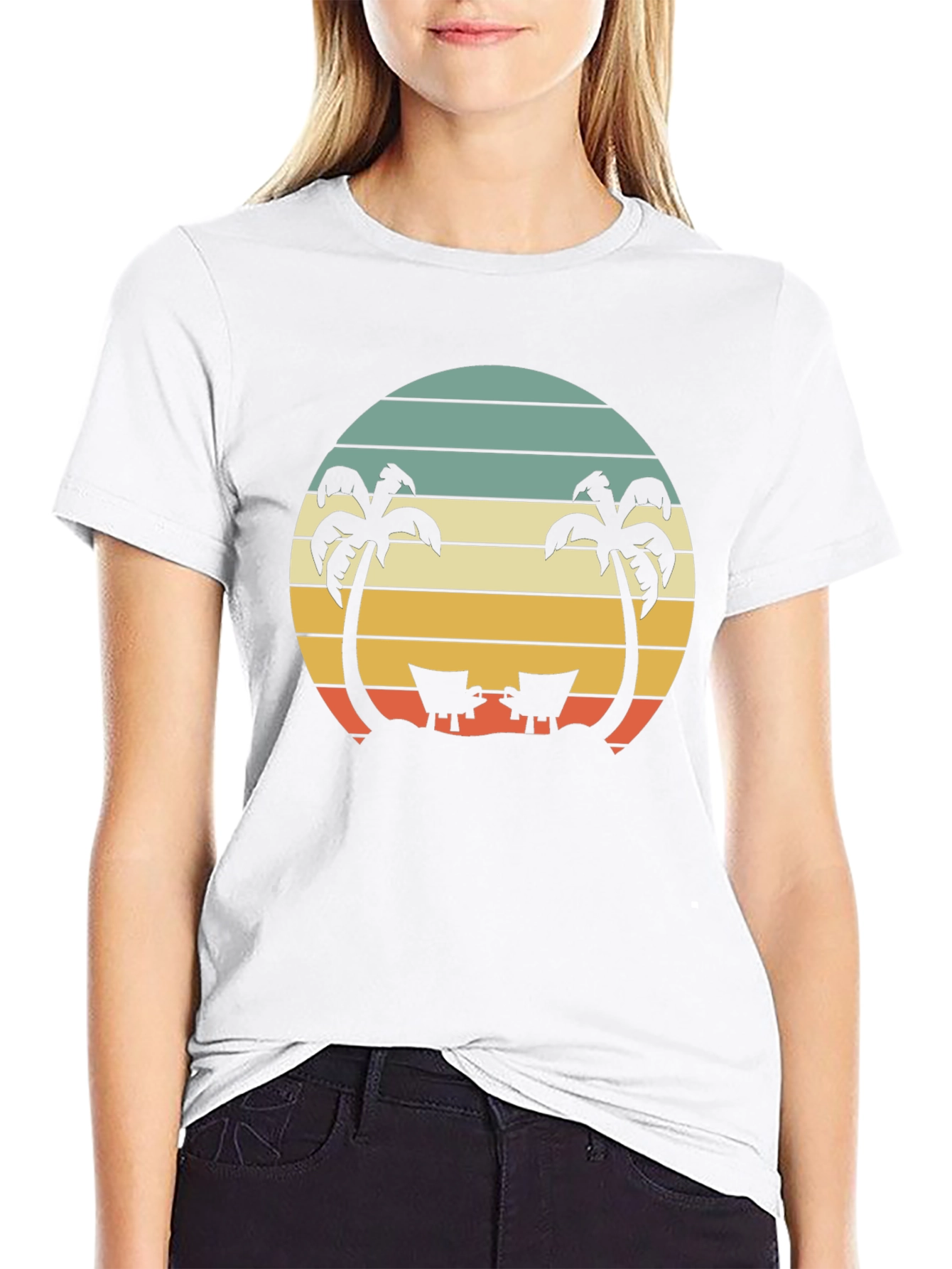 Camiseta Negra con Diseño Retro de Playa y Palmeras