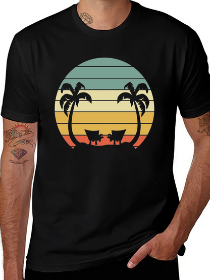 Camiseta Negra con Diseño Retro de Playa y Palmeras